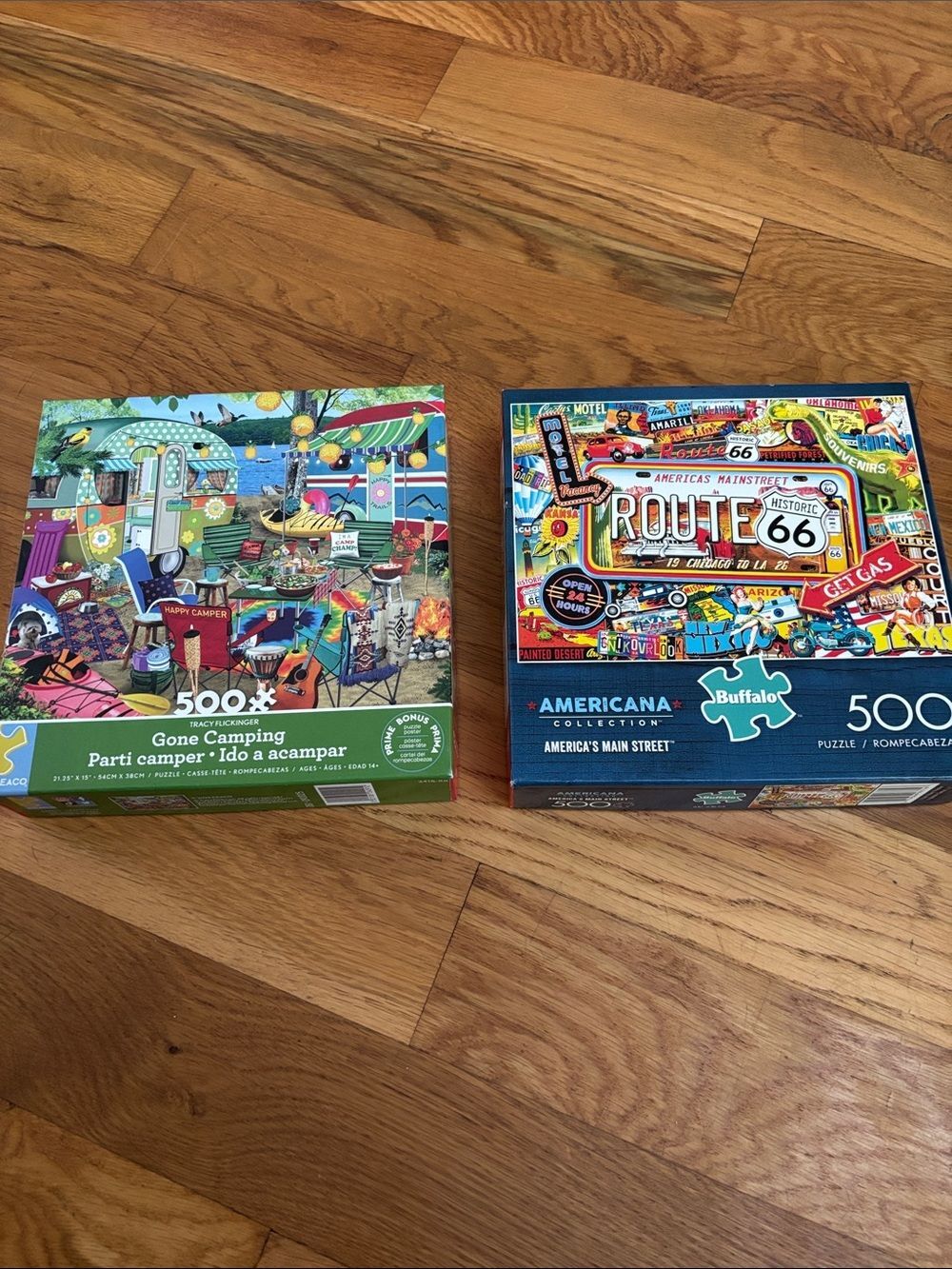 Lot of 2 Jigsaw Puzzles 500 Piece Ceaco Gone Camping Buffalo Games Route 66